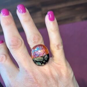 Murano Millefiori Glass S925 Patterned Ring Sz 7
